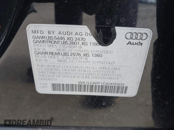 2012 Audi Q5 2.0T Premium Plus with VIN WA1LFAFP1CA009904, listed as a IAAI auction lot 41998009 with 122,955 mi miles. Bid and sale history available at carsss.com. Image 9.