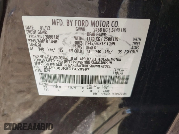 2013 Lincoln MKX z VIN 2LMDJ6JK8DBL28997, wystawiony jako IAAI lot #42061816 z przebiegiem 67 337 mil mil oraz . Historia ofert i sprzedaży dostępna na DreamBid. Obrazek 9.