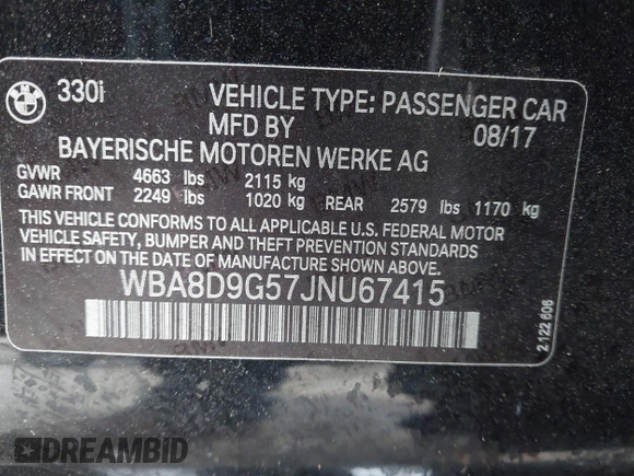2018 BMW 3 Series 330i xDrive with VIN WBA8D9G57JNU67415, listed as a IAAI auction lot 41513343 with 98,714 mi miles. Bid and sale history available at carsss.com. Image 9.