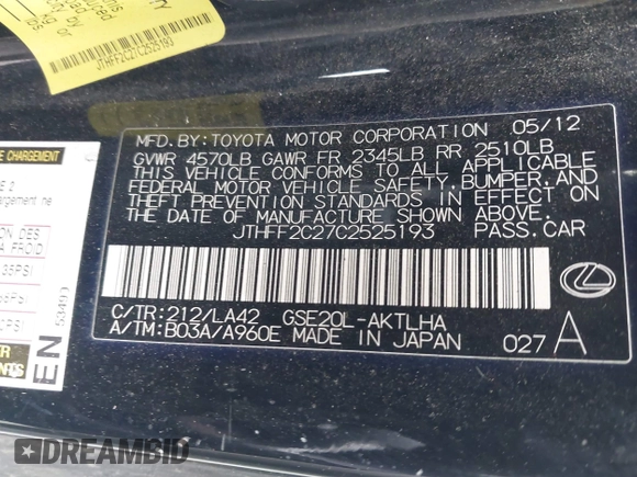 2012 Lexus IS 250 C with VIN JTHFF2C27C2525193, listed as a IAAI auction lot 41623953 with Not Provided miles and . Bid and sale history available at DreamBid. Image 9.