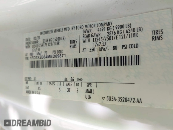 2021 Ford F-250 XL with VIN 1FD7X2B64MED09871, listed as a IAAI auction lot 41568462 with 131,714 mi miles and . Bid and sale history available at DreamBid. Image 9.
