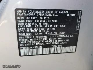 2018 Volkswagen Atlas 3.6L V6 SEL with VIN 1V2RR2CA4JC573592, listed as a Copart auction lot 48073945 with 84,582 mi miles and Salvage Title. Bid and sale history available at carsss.com. Image 15.