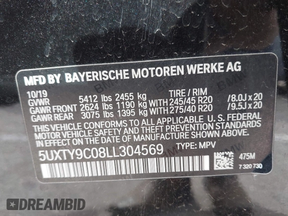 2020 BMW X3 M40i with VIN 5UXTY9C08LL304569, listed as a IAAI auction lot 41680838 with 52,601 mi miles and . Bid and sale history available at DreamBid. Image 9.