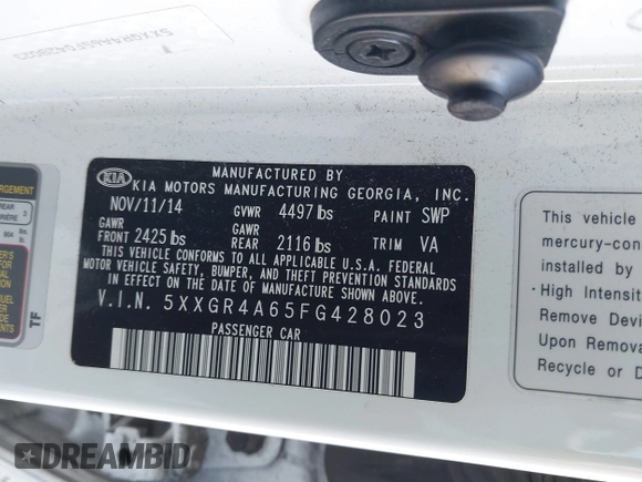 2015 Kia Optima SXL Turbo with VIN 5XXGR4A65FG428023, listed as a IAAI auction lot 41416027 with 100,372 mi miles and . Bid and sale history available at DreamBid. Image 9.