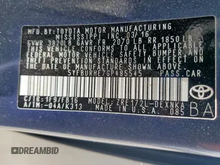 2016 Toyota Corolla L z VIN 5YFBURHE7GP485545, wystawiony jako Copart lot #58166915 z przebiegiem 102 557 mil mil oraz Szkoda całkowita • Salvage title. Historia ofert i sprzedaży dostępna na DreamBid. Obrazek 12.