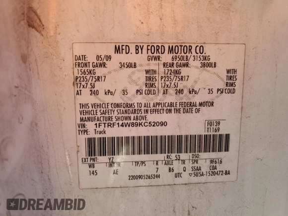 2009 Ford F-150 XL с VIN 1FTRF14W89KC52090, выставлен на аукционе Copart как лот 83659754 с пробегом 171 912 миль миль и Списание • Salvage title. История ставок и продаж доступна на DreamBid. Изображение 12.