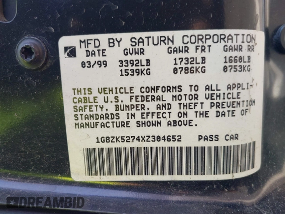 1999 Saturn SL с VIN 1G8ZK5274XZ304652, выставлен на аукционе IAAI как лот 42618620 с пробегом 98 131 миль миль и . История ставок и продаж доступна на DreamBid. Изображение 9.