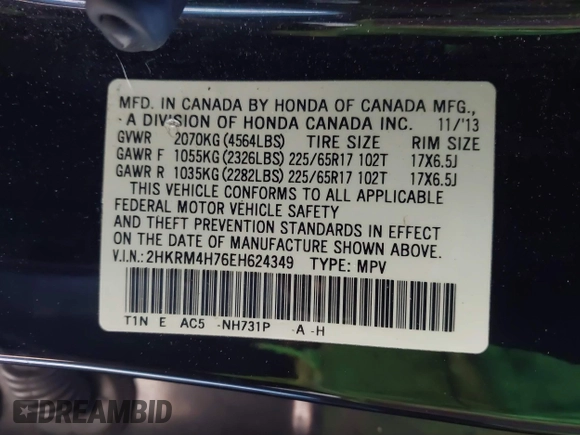 2014 Honda CR-V EX-L with VIN 2HKRM4H76EH624349, listed as a IAAI auction lot 41876155 with 191,977 mi miles. Bid and sale history available at carsss.com. Image 9.