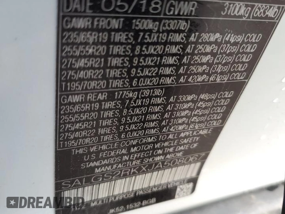 2018 Land Rover Range Rover HSE z VIN SALGS2RKXJA508067, wystawiony jako Copart lot #85125754 z przebiegiem Nie podano mil oraz Szkoda całkowita • Salvage title. Historia ofert i sprzedaży dostępna na DreamBid. Obrazek 13.