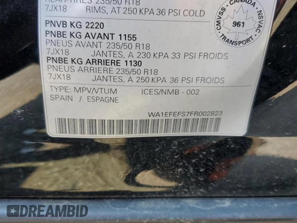 2015 Audi Q3 with VIN WA1EFEFS7FR002823, listed as a Copart auction lot 62159355 with 163,640 mi miles and Salvage title. Bid and sale history available at DreamBid. Image 14.