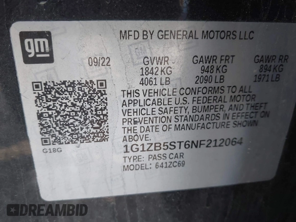 2022 Chevrolet Malibu LS with VIN 1G1ZB5ST6NF212064, listed as a IAAI auction lot 41991951 with 31,907 mi miles and . Bid and sale history available at DreamBid. Image 9.