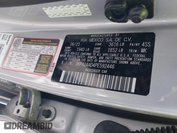 2023 Kia Rio S z VIN 3KPA24AD4PE592446, wystawiony jako IAAI lot #42244022 z przebiegiem 13 759 mil mil oraz . Historia ofert i sprzedaży dostępna na DreamBid. Obrazek 9.