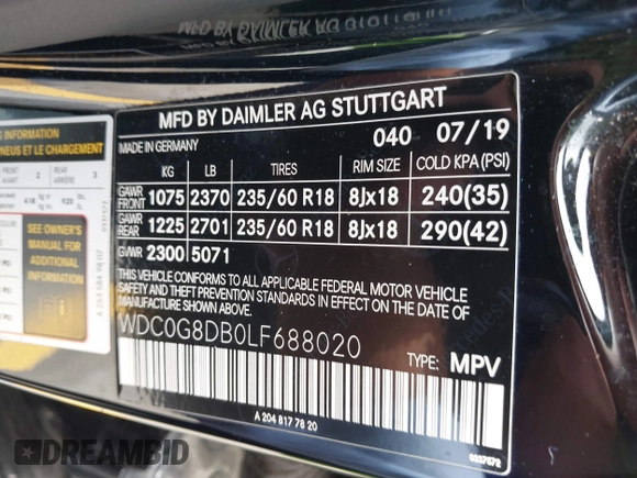 2020 Mercedes-Benz GLC 300 with VIN WDC0G8DB0LF688020, listed as a IAAI auction lot 42268856 with 78,390 mi miles and . Bid and sale history available at DreamBid. Image 9.