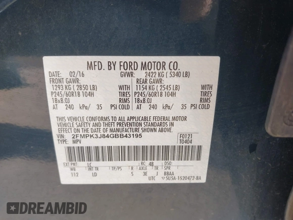 2016 Ford Edge SEL with VIN 2FMPK3J84GBB43195, listed as a IAAI auction lot 42042360 with 154,917 mi miles. Bid and sale history available at carsss.com. Image 9.
