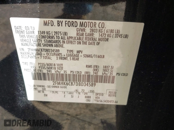 2013 Ford Flex SEL with VIN 2FMHK6C87DBD34589, listed as a IAAI auction lot 41852216 with 161,711 mi miles. Bid and sale history available at carsss.com. Image 9.