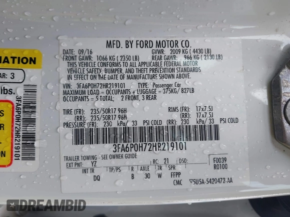 2017 Ford Fusion SE с VIN 3FA6P0H72HR219101, выставлен на аукционе IAAI как лот 42640322 с пробегом 50 396 миль миль и . История ставок и продаж доступна на DreamBid. Изображение 9.