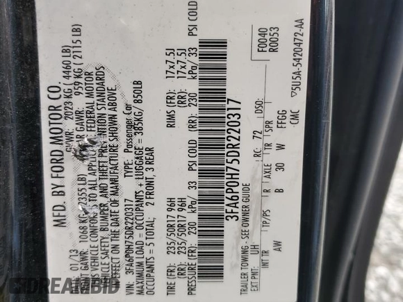 2013 Ford Fusion SE with VIN 3FA6P0H75DR220317, listed as a Copart auction lot 50776705 with 156,510 mi miles and Salvage Title. Bid and sale history available at carsss.com. Image 13.