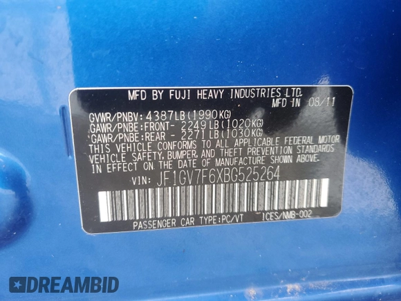 2011 Subaru WRX WRX Limited с VIN JF1GV7F6XBG525264, выставлен на аукционе Copart как лот 47495465 с пробегом 85 848 миль миль и На запчасти • Non repairable. История ставок и продаж доступна на DreamBid. Изображение 13.