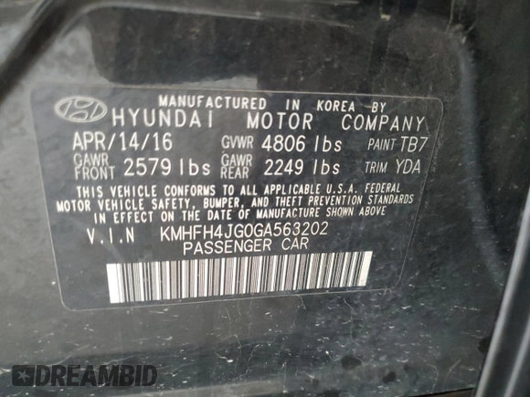 2016 Hyundai Azera Limited с VIN KMHFH4JG0GA563202, выставлен на аукционе Copart как лот 55341115 с пробегом Не указан миль и Списание • Salvage title. История ставок и продаж доступна на DreamBid. Изображение 13.