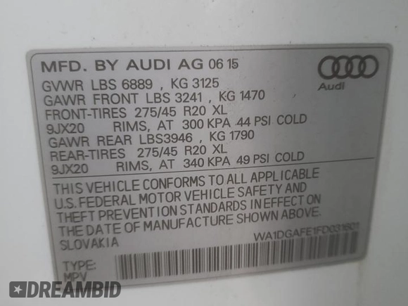 2015 Audi Q7 3.0T S line Prestige with VIN WA1DGAFE1FD031601, listed as a Copart auction lot 86648524 with 112,100 mi miles and Salvage Title. Bid and sale history available at carsss.com. Image 13.