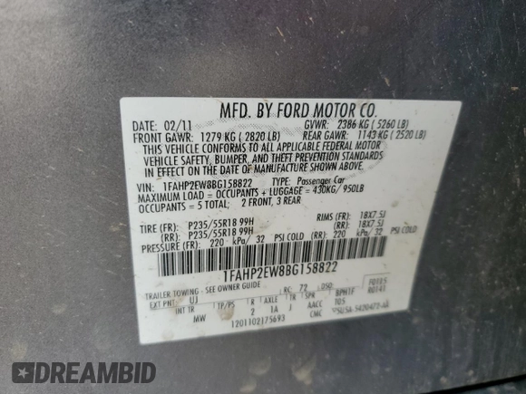 2011 Ford Taurus SEL with VIN 1FAHP2EW8BG158822, listed as a Copart auction lot 48584895 with 296,231 mi miles and Salvage Title. Bid and sale history available at DreamBid. Image 12.