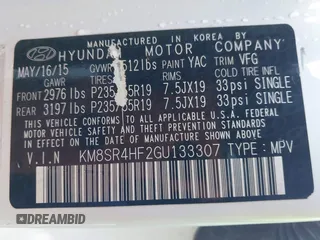 2016 Hyundai Santa Fe SE with VIN KM8SR4HF2GU133307, listed as a IAAI auction lot 41749584 with 120,391 mi miles. Bid and sale history available at carsss.com. Image 9.