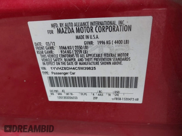 2012 Mazda 6 i Touring with VIN 1YVHZ8DH4C5M39825, listed as a IAAI auction lot 41597958 with 114,247 mi miles and . Bid and sale history available at DreamBid. Image 9.