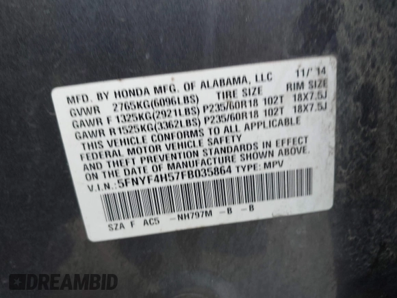 2015 Honda Pilot EX-L with VIN 5FNYF4H57FB035864, listed as a IAAI auction lot 41786445 with 139,787 mi miles and . Bid and sale history available at carsss.com. Image 9.