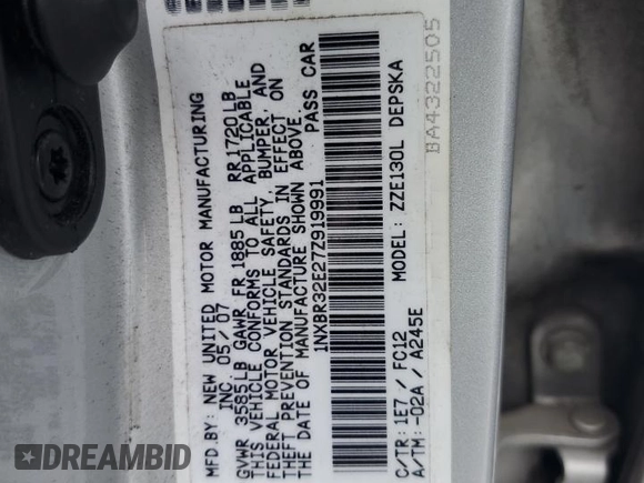 2007 Toyota Corolla CE с VIN 1NXBR32E27Z919991, выставлен на аукционе Copart как лот 59723545 с пробегом 254 530 миль миль и На запчасти • Non repairable. История ставок и продаж доступна на DreamBid. Изображение 12.