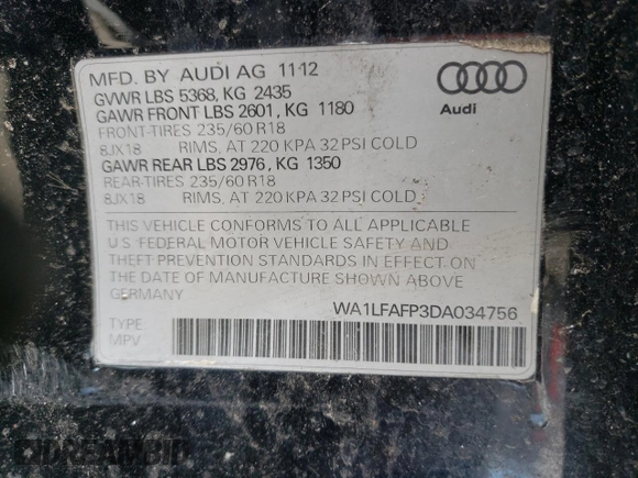 2013 Audi Q5 Premium Plus with VIN WA1LFAFP3DA034756, listed as a Copart auction lot 43770374 with 0 mi miles and Salvage Title. Bid and sale history available at carsss.com. Image 14.
