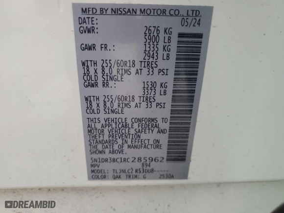 2024 Nissan Pathfinder SV with VIN 5N1DR3BC1RC285962, listed as a Copart auction lot 85106544 with 15,095 mi miles and Salvage Title. Bid and sale history available at carsss.com. Image 13.