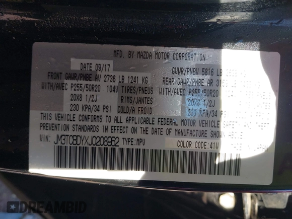 2018 Mazda CX-9 Grand Touring with VIN JM3TCBDYXJ0208962, listed as a IAAI auction lot 42629720 with 123,929 mi miles and . Bid and sale history available at DreamBid. Image 9.