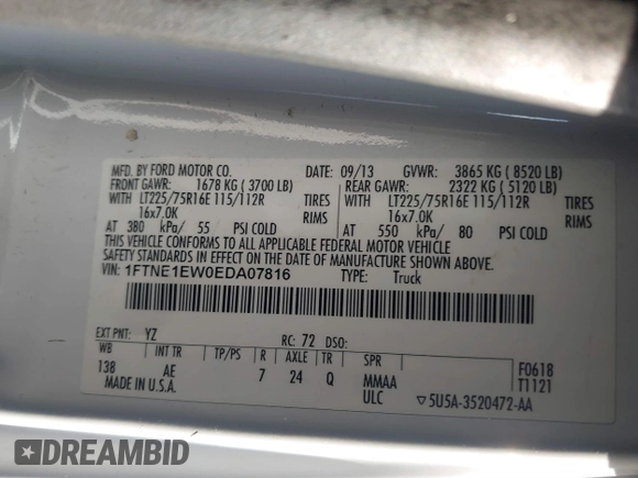 2014 Ford Econoline Cargo Commercial with VIN 1FTNE1EW0EDA07816, listed as a IAAI auction lot 41648077 with 183,501 mi miles and . Bid and sale history available at DreamBid. Image 9.