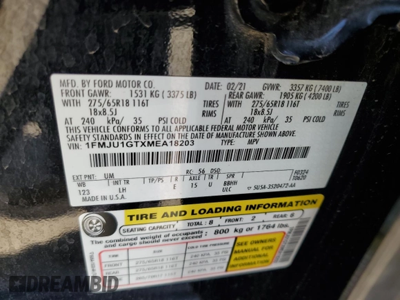 2021 Ford Expedition XL with VIN 1FMJU1GTXMEA18203, listed as a Copart auction lot 60987495 with 72,886 mi miles and Salvage title. Bid and sale history available at DreamBid. Image 14.