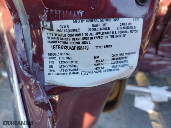 2003 GMC Sierra 1500HD SLT with VIN 1GTGK13U43F198449, listed as a Copart auction lot 87235664 with 0 mi miles and Salvage Title. Bid and sale history available at carsss.com. Image 12.