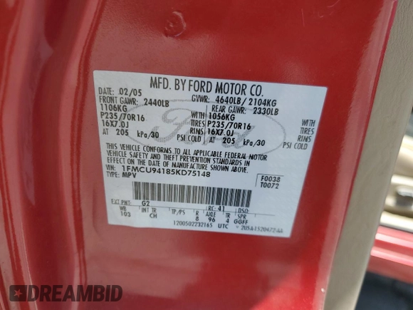 2005 Ford Escape Limited with VIN 1FMCU94185KD75148, listed as a Copart auction lot 54935905 with 148,888 mi miles and Salvage title. Bid and sale history available at DreamBid. Image 13.
