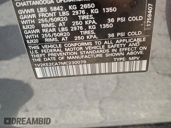 2021 Volkswagen Atlas SE with VIN 1V2KE2CA7MC230079, listed as a Copart auction lot 59273725 with 52,277 mi miles and Clean title. Bid and sale history available at DreamBid. Image 14.
