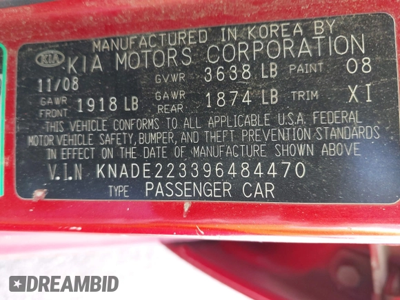 2009 Kia Rio SX with VIN KNADE223396484470, listed as a IAAI auction lot 41964027 with 167,380 mi miles. Bid and sale history available at carsss.com. Image 9.