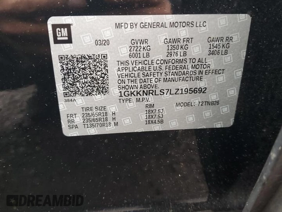 2020 GMC Acadia SLE with VIN 1GKKNRLS7LZ195692, listed as a Copart auction lot 57106115 with 81,555 mi miles and Salvage title. Bid and sale history available at DreamBid. Image 12.