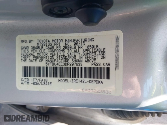 2013 Toyota Corolla L with VIN 5YFBU4EE3DP207633, listed as a IAAI auction lot 42131218 with 89,899 mi miles and . Bid and sale history available at DreamBid. Image 9.