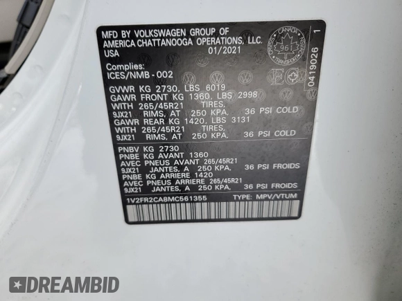 2021 Volkswagen Atlas SEL Premium R-Line with VIN 1V2FR2CA8MC561355, listed as a Copart auction lot 46217855 with 57,076 mi miles and Salvage title. Bid and sale history available at DreamBid. Image 14.