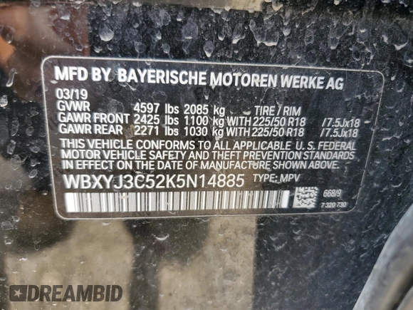 2019 BMW X2 sDrive28i with VIN WBXYJ3C52K5N14885, listed as a Copart auction lot 54079395 with 91,564 mi miles and Salvage title. Bid and sale history available at DreamBid. Image 12.