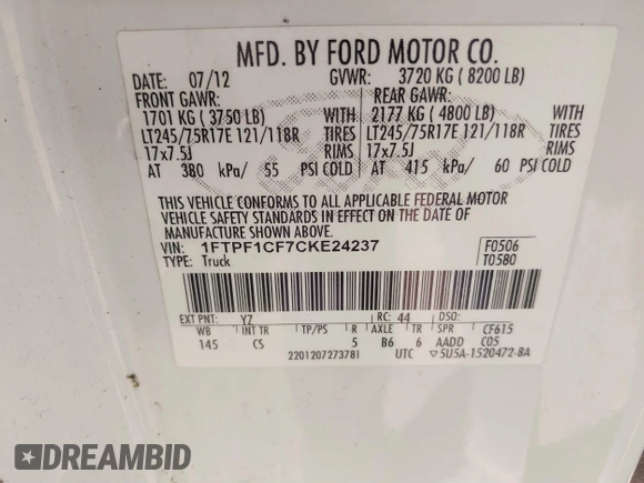 2012 Ford F-150 XL with VIN 1FTPF1CF7CKE24237, listed as a IAAI auction lot 40561779 with 185,152 mi miles and . Bid and sale history available at DreamBid. Image 9.