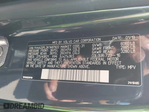 2019 Volvo XC90 Inscription with VIN YV4A22PL2K1487822, listed as a IAAI auction lot 42076404 with 61,648 mi miles and . Bid and sale history available at DreamBid. Image 9.