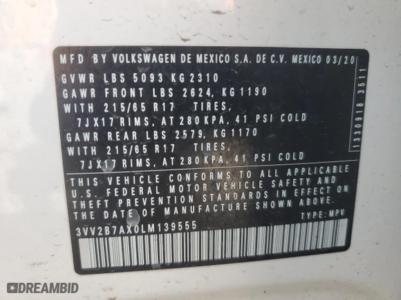 2020 Volkswagen Tiguan SE with VIN 3VV2B7AX0LM139555, listed as a Copart auction lot 51920835 with 43,631 mi miles and Salvage Title. Bid and sale history available at carsss.com. Image 13.