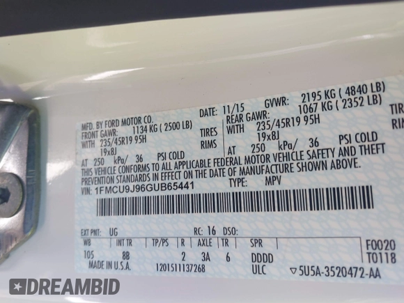 2016 Ford Escape Titanium with VIN 1FMCU9J96GUB65441, listed as a IAAI auction lot 41412223 with 74,218 mi miles. Bid and sale history available at carsss.com. Image 9.