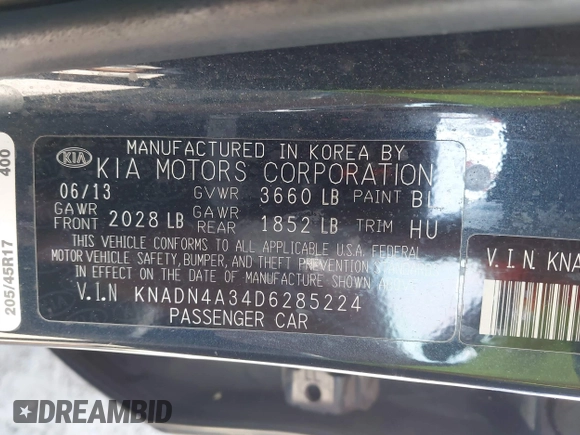 2013 Kia Rio EX with VIN KNADN4A34D6285224, listed as a IAAI auction lot 42790230 with 108,071 mi miles and . Bid and sale history available at DreamBid. Image 9.