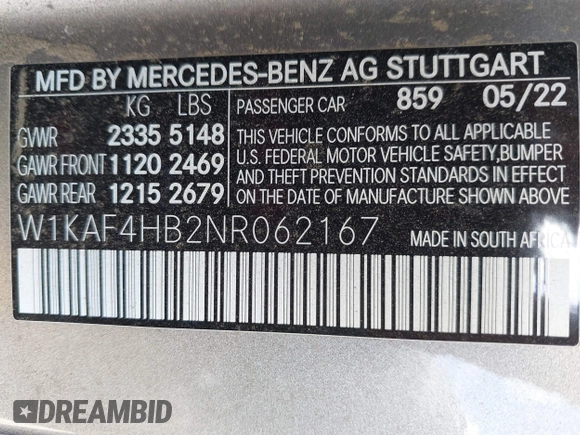 2022 Mercedes-Benz C 300 with VIN W1KAF4HB2NR062167, listed as a IAAI auction lot 42523167 with 12,546 mi miles and . Bid and sale history available at DreamBid. Image 9.