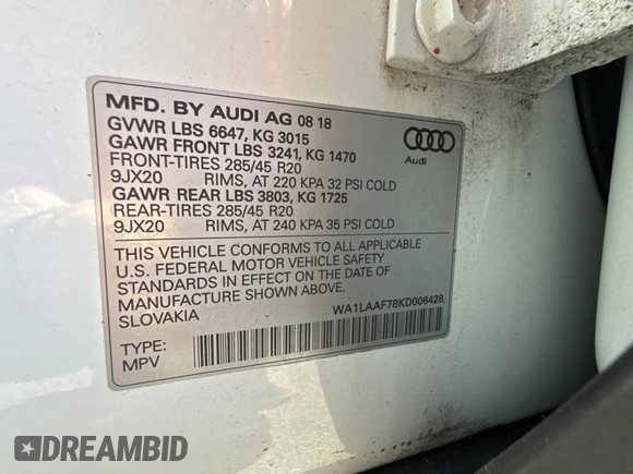 2019 Audi Q7 Premium Plus with VIN WA1LAAF78KD006428, listed as a Copart auction lot 54744225 with 63,399 mi miles and Clean Title. Bid and sale history available at carsss.com. Image 10.