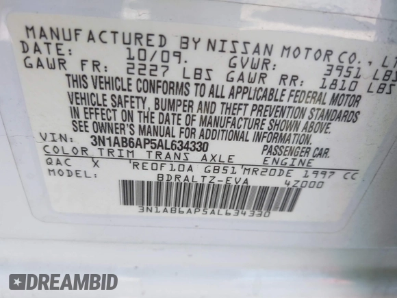 2010 Nissan Sentra S with VIN 3N1AB6AP5AL634330, listed as a IAAI auction lot 41603677 with 168,717 mi miles and . Bid and sale history available at DreamBid. Image 9.
